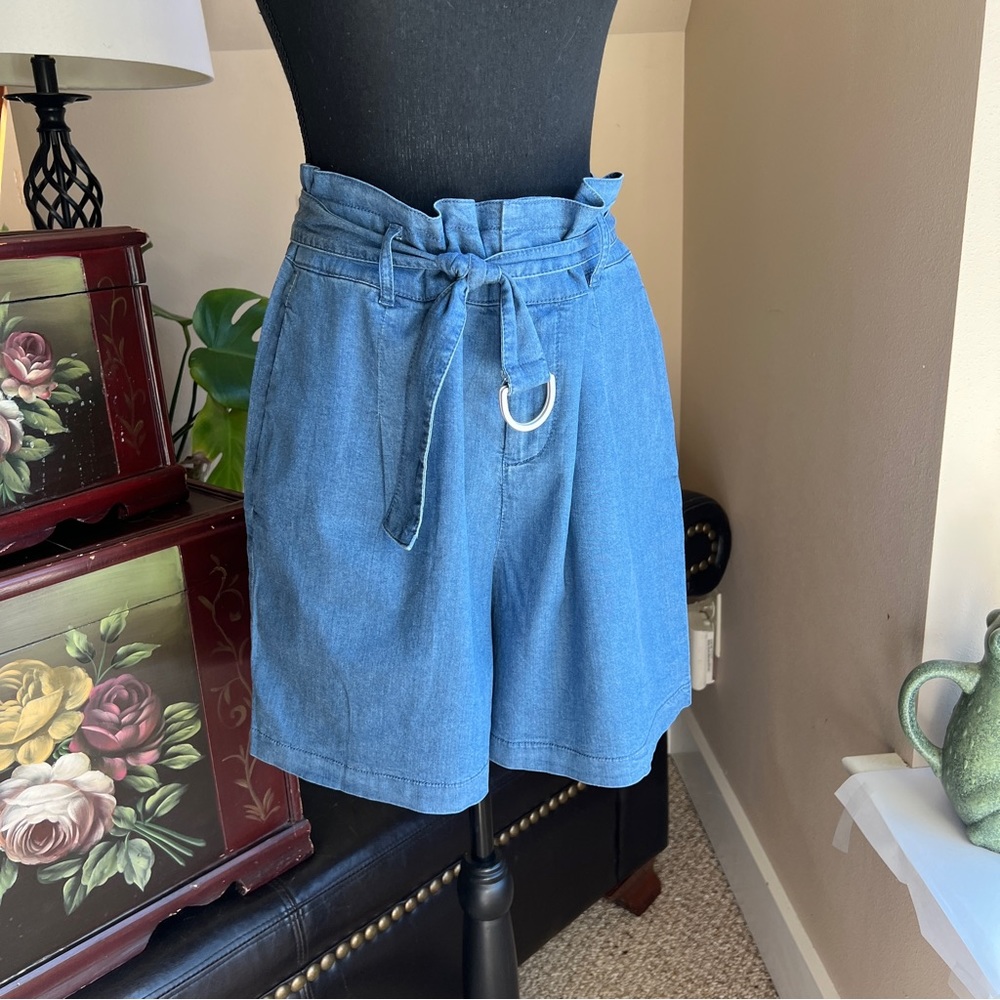 INC International Concepts Oversized Tie Mid Rise Paper Bag Blue Jean Shorts